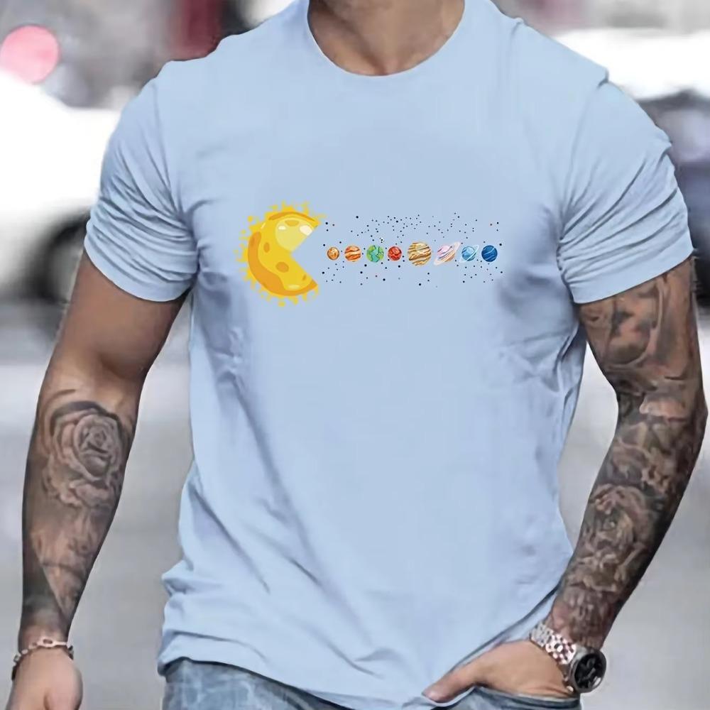 Men's 100% Pure Cotton Summer Loose and Comfortable Casual Solar System Planets Printed Round Neck Short Sleeved T-shirt Top