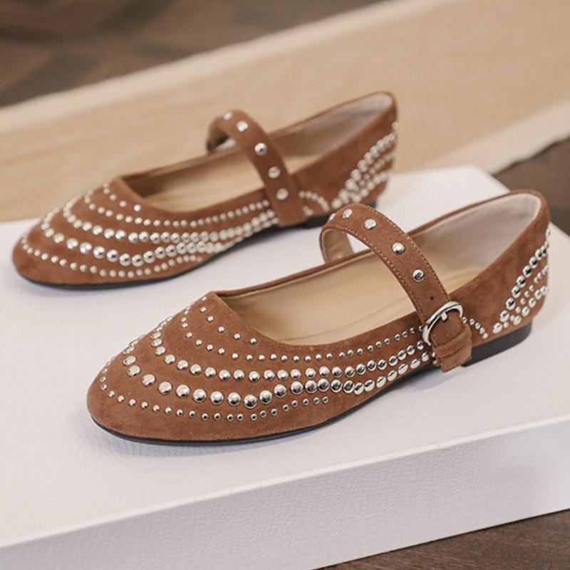 Fashion Retro Rivet Mary Jane Shoes Women Belt Buckle Shallow Round Toe Single Shoes Female Fashion Suede Elegant Dress Shoes Ladies