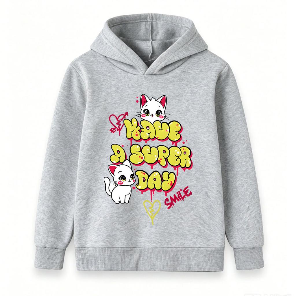 Kids Boys Girls Pullover Hoodie, Cute White Cat Graffiti Print 'Have A Super Day' Casual Soft Long Sleeve Hooded Sweatshirt for Daily Warm Wear
