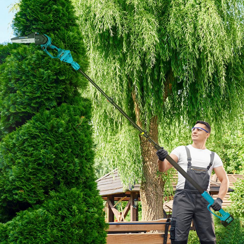 Mini Battery Chainsaw 8 Inches 6000mAh 580W Cordless Pruner for Branches and Garden Telescopic Pole Blue