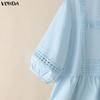 ZANZEA Summer Women Round Neck Solid Color 3/4 Sleeve Crochet Casual Blouse