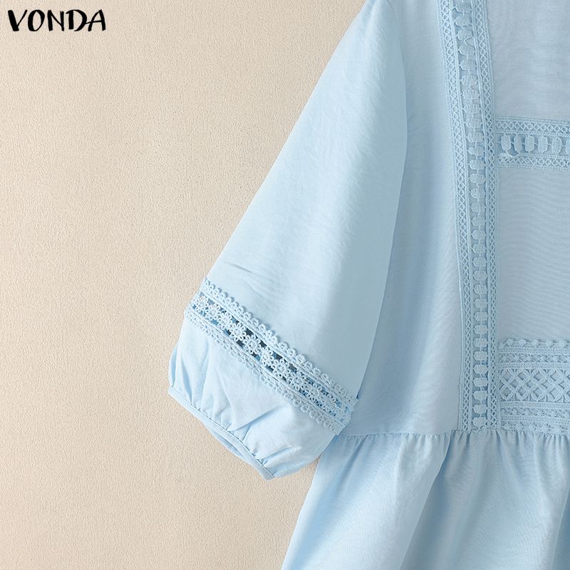 ZANZEA Summer Women Round Neck Solid Color 3/4 Sleeve Crochet Casual Blouse