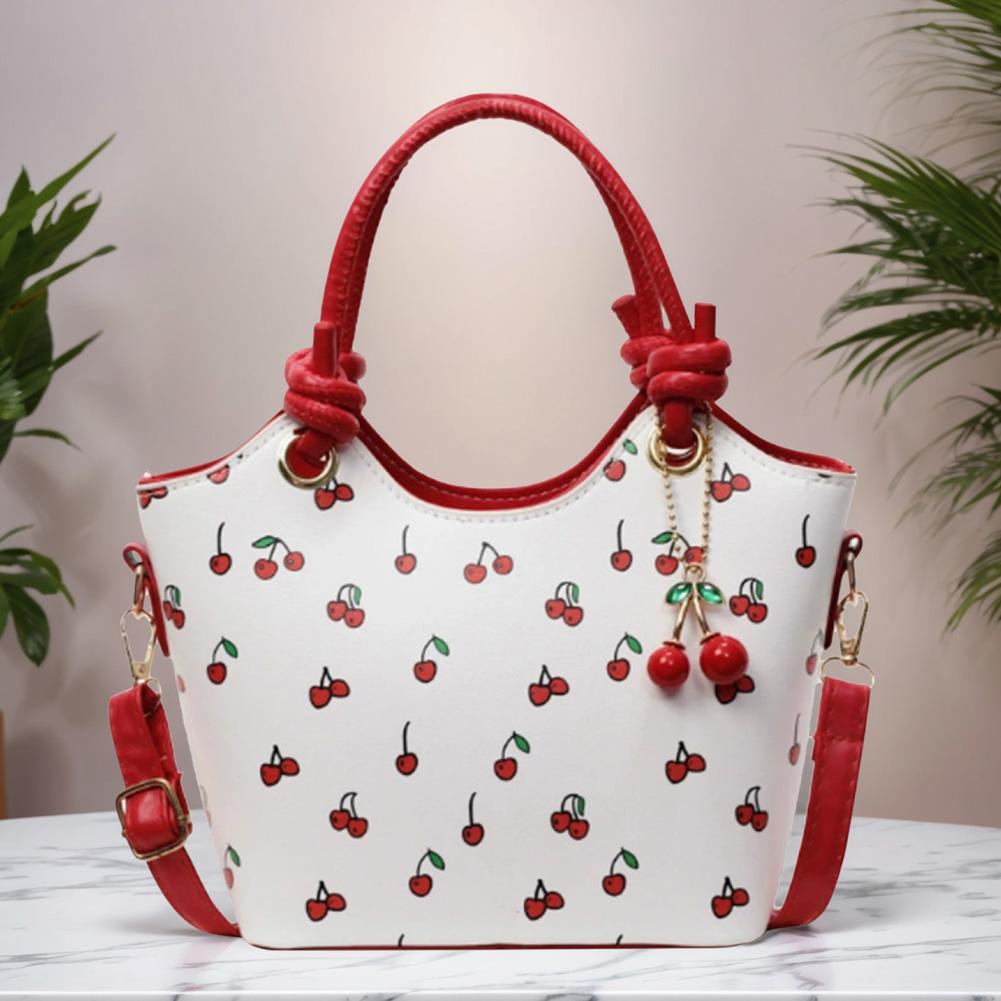 

PU Leather Bucket Fashion Shoulder Bag for Women Ladies Cherry Printed Crossbody Bag Trendy Top-handle Bag with Adjustable Strap червоний