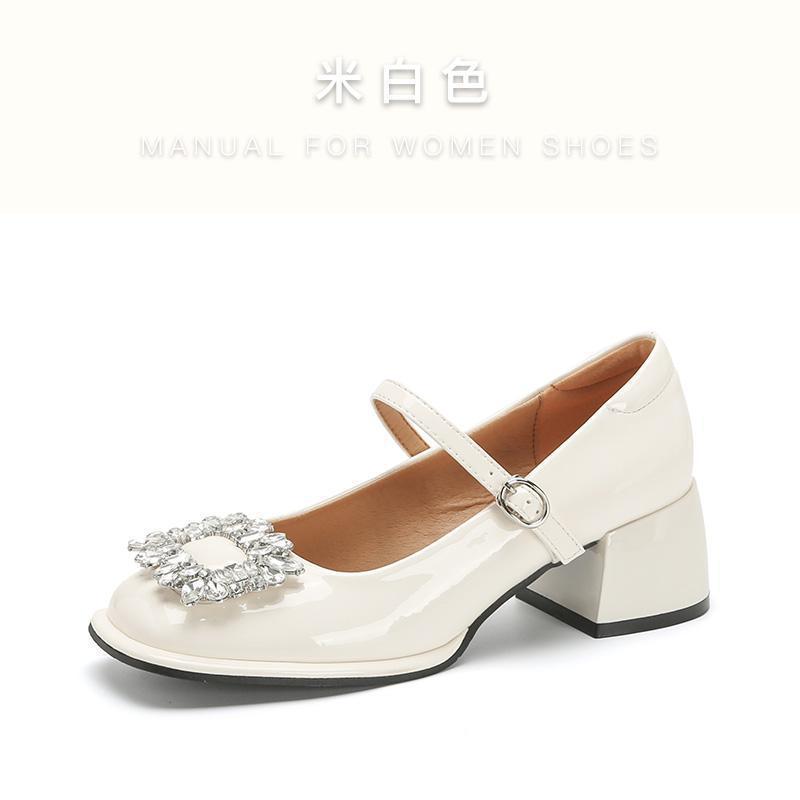 Shallow Rhinestone Mary Jane Shoes Women's French Retro Thick Heel with Daily Skirt High Heel Red Bridesmaid Shoes