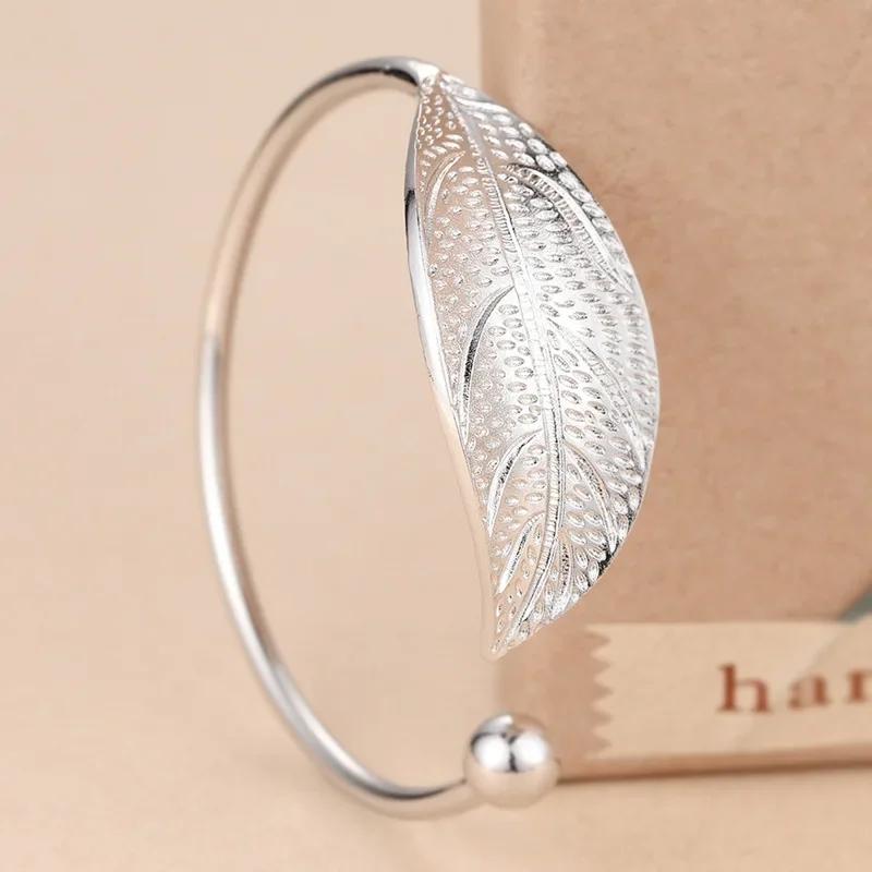 Fashion 925 Silver Cuff Bracelet For Woman Open Luxury Leaf Shaped Adjustable Charm Bangle Bracelets Party Jewelry Gift
