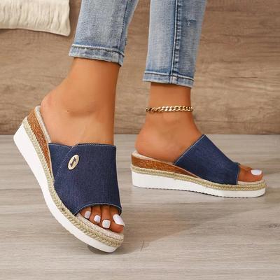 Pantofi mari de vară pentru femei Papuci de pânză cu tocuri înclinate și frânghie de cânepă Papuci din denim cu talpă groasă