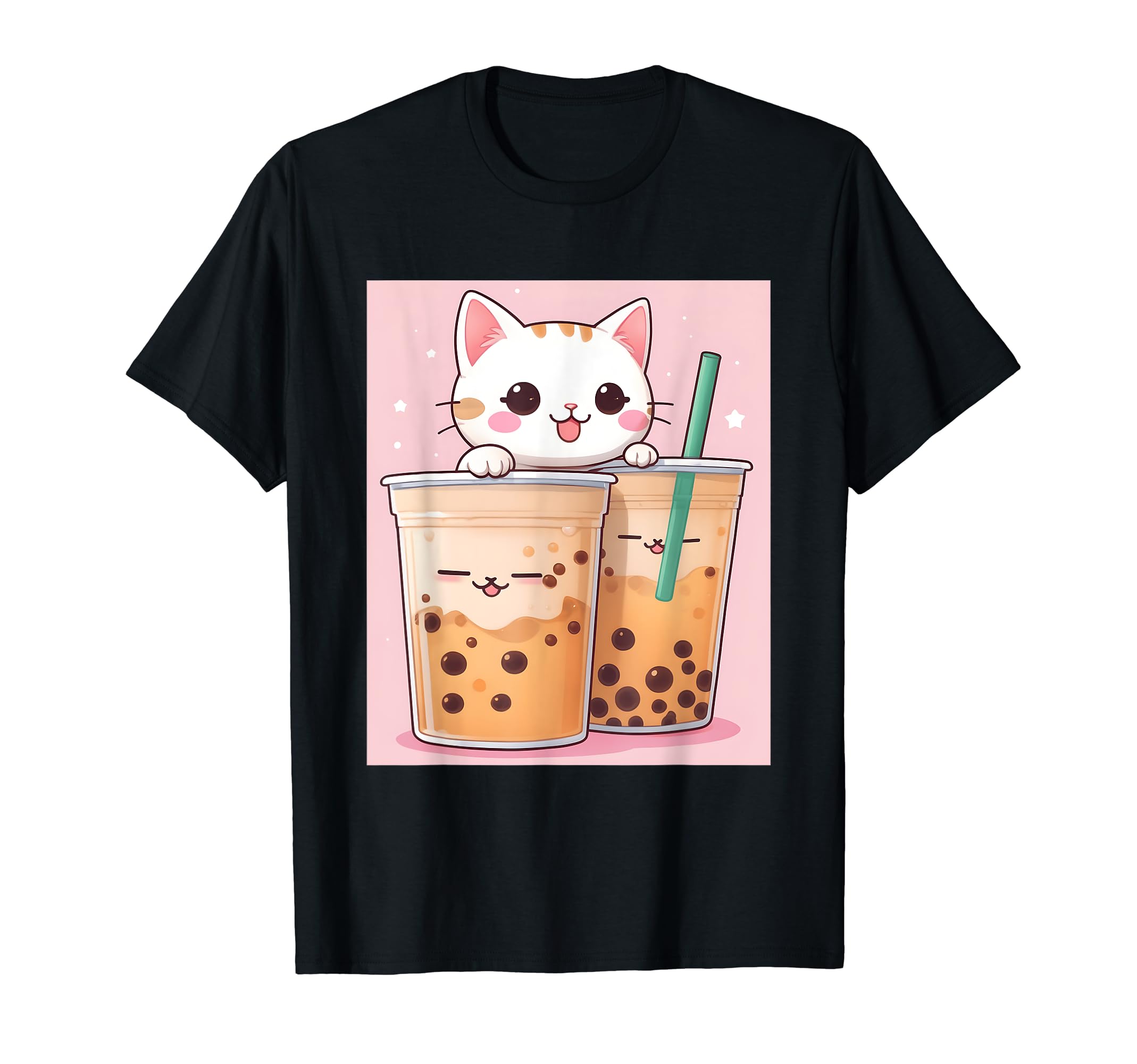 

bubble things printed Kawaii, cat, boba, tea, cute, Japanese, T-shirt чорний