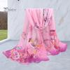 Floral Print Chic Women Scarf Bird Pattern Silky Colorful Wide Sunshade Chiffon Washable Travel Ladies Shawl Clothes Accessory Summer