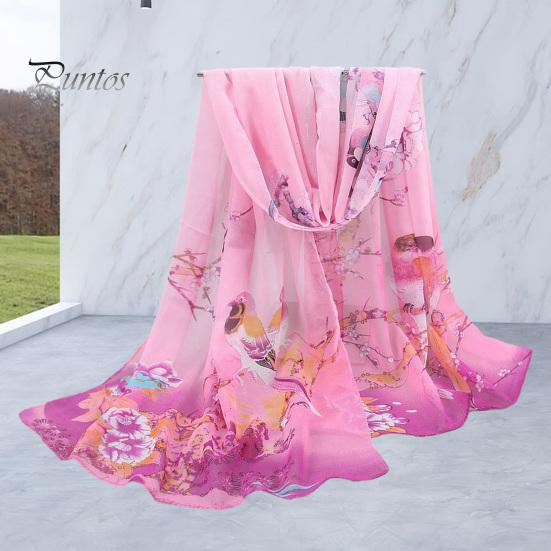 Floral Print Chic Women Scarf Bird Pattern Silky Colorful Wide Sunshade Chiffon Washable Travel Ladies Shawl Clothes Accessory Summer