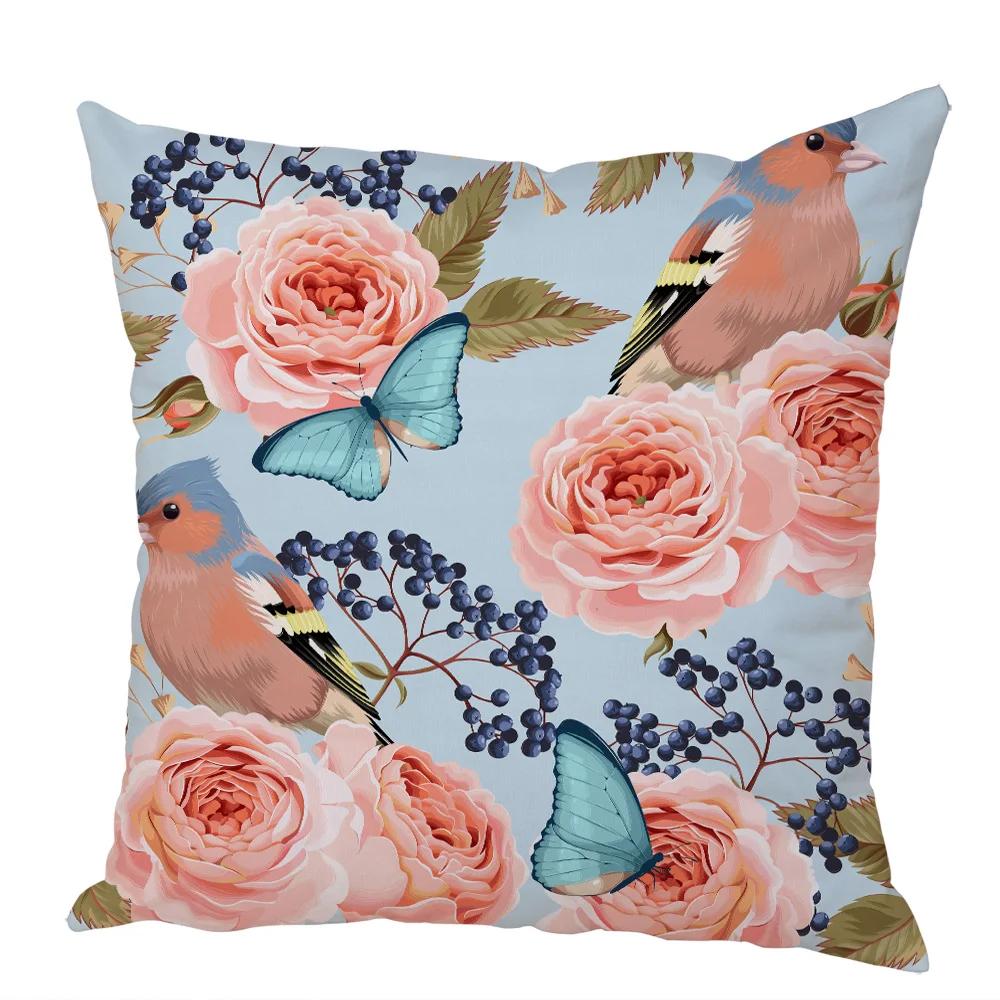 Nordic Style Rose Flower and Birds Pillow Case Cushion Cover for Car Peach Skin Decor Flower Plant Animal Throw Pillowcase