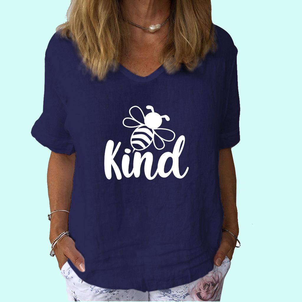 Women Fashion Short Sleeve Top Summer Casual V Collar Shirt Ladies Print Cotton Linen T-shirt