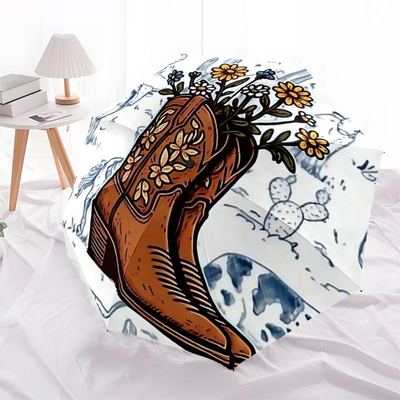 1pc Cowboy Boots Wildflowers Automatic Open/close Umbrella, 8-Rib sturdy structure, Portable Travel Umbrella, Parties, Everyday Use, 22