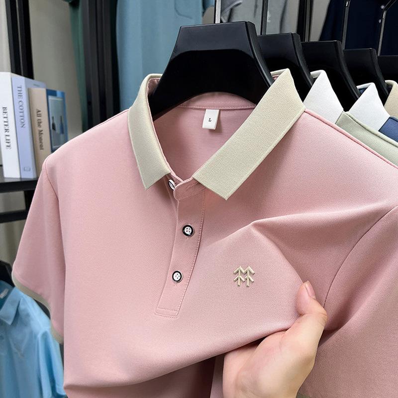 Designer Brand Silk Cotton Short Sleeve Polo Shirt Summer Korean Casual Men's T-shirt Fashion Embossed Soft Breathable Top