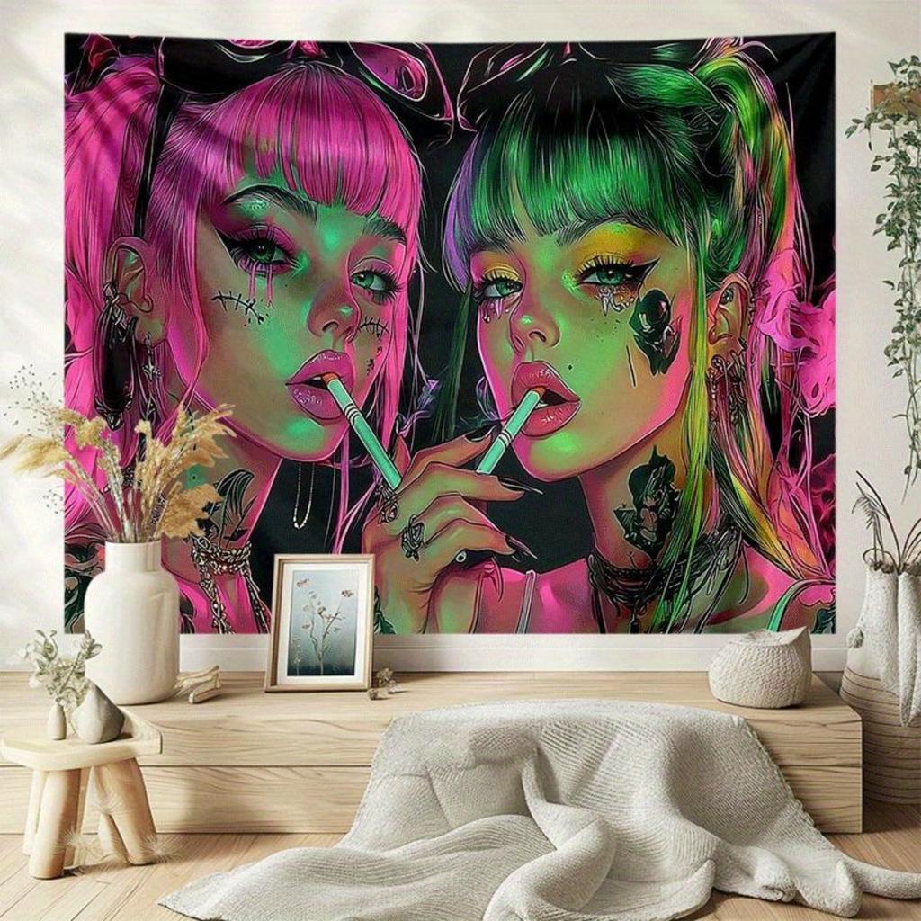 VIKAMA Cyberpunk Neon Dual Female Protagonists Tapestry Living Room Sofa Backdrop Wall Art Room Decor