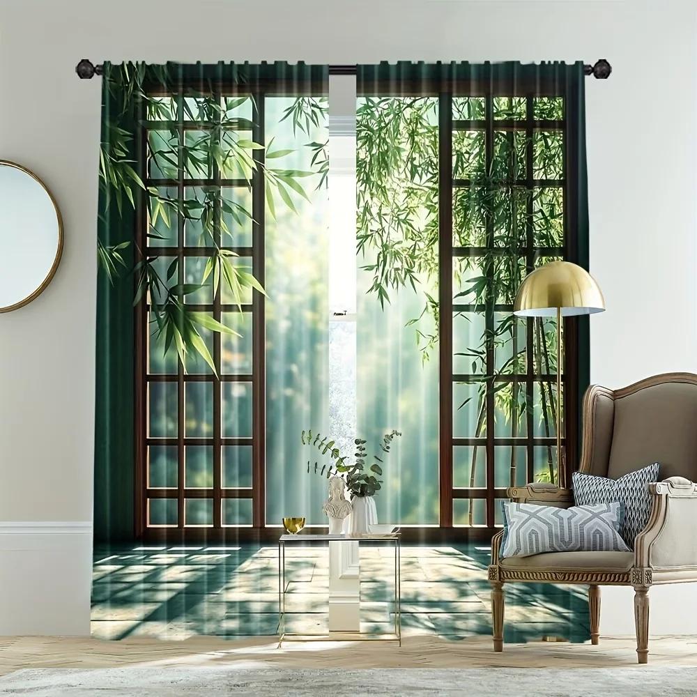 2PCS Digital Printed Curtains, Bamboo Forest Broken Window View Nature, Window Curtains for Living Room Bedroom Home Decoration