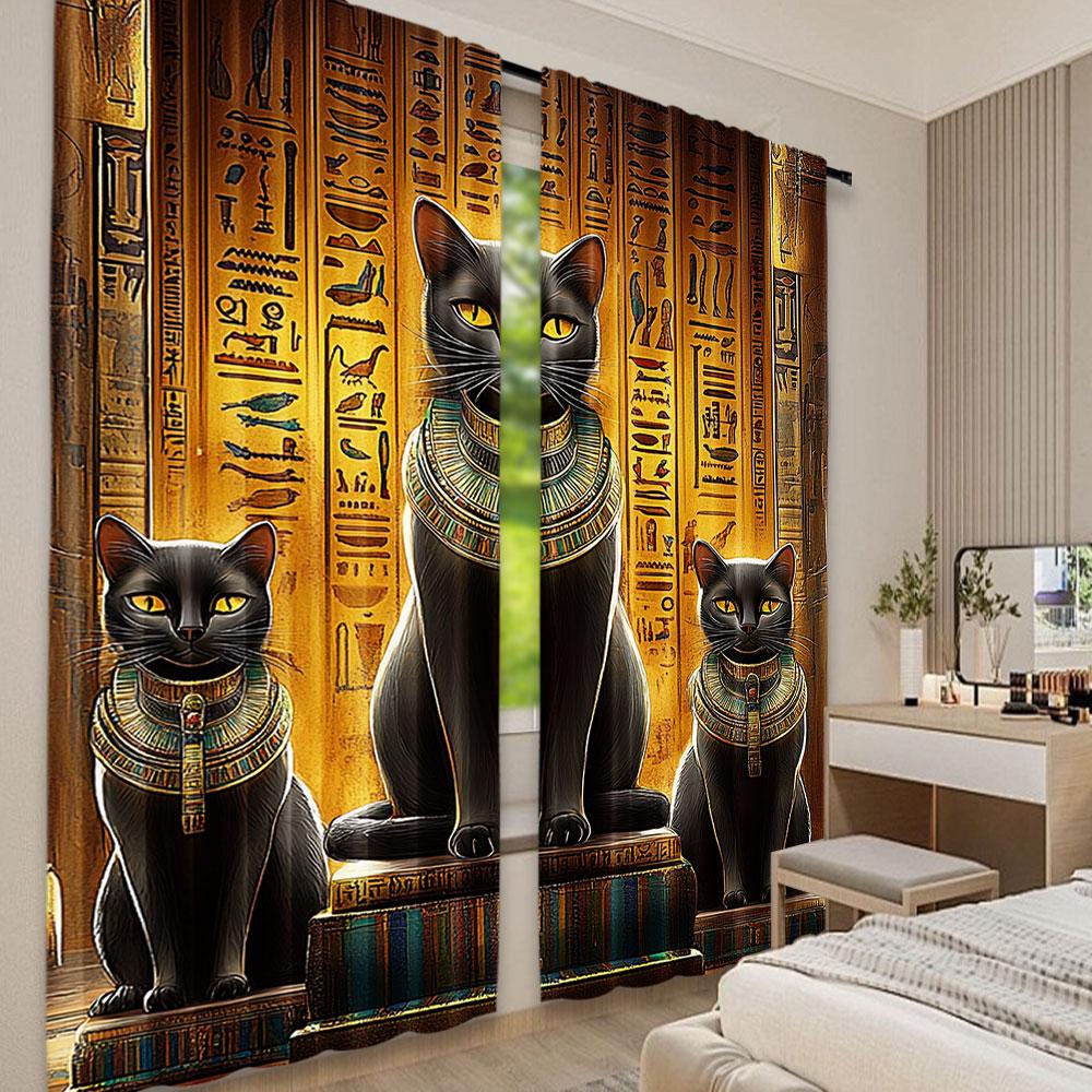 2Pcs Egyptian Mysterious Black Cats Print Curtain Room Decor Versatile Room Use Suitable For Living Room Dining Room Bedroom