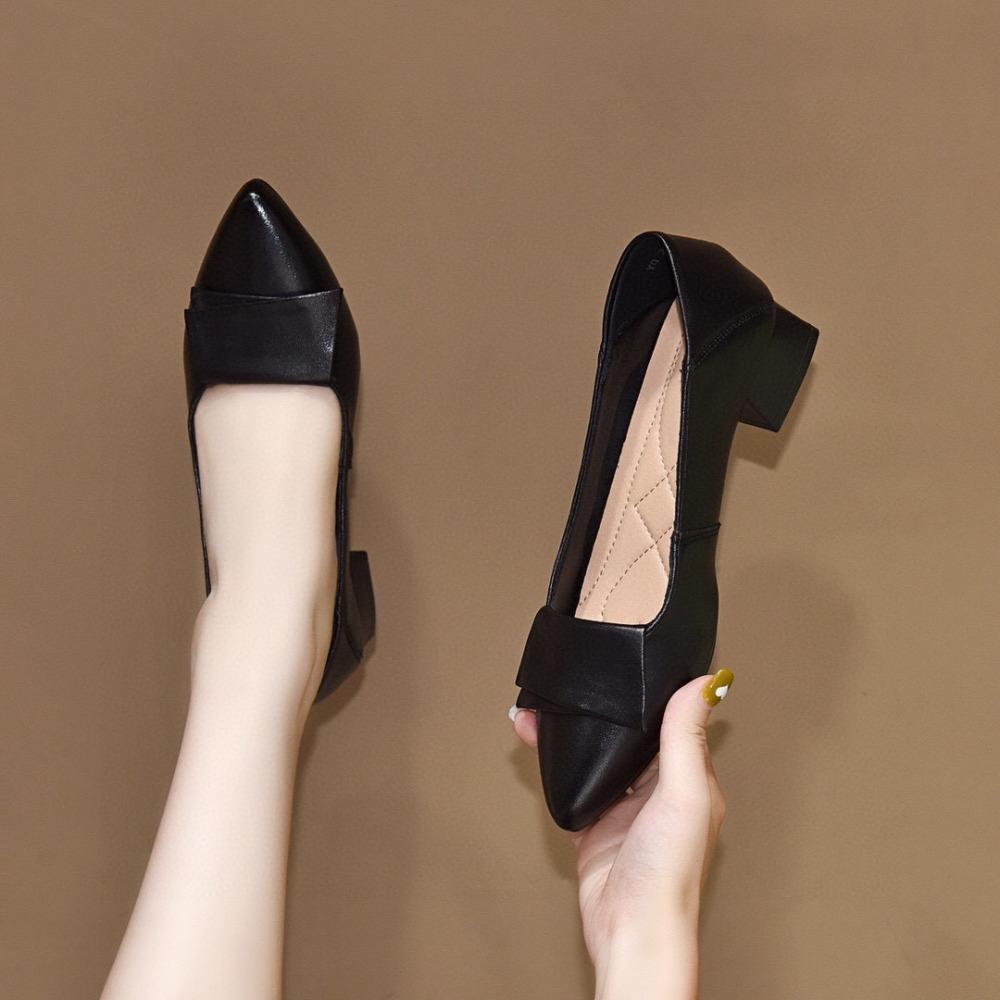 Fashion Genuine Leather Pointed Low-Heeled Women's Shoes Comfortable Work Shoes Simple Elegant Mary Janes Square Heel All-season Shoes