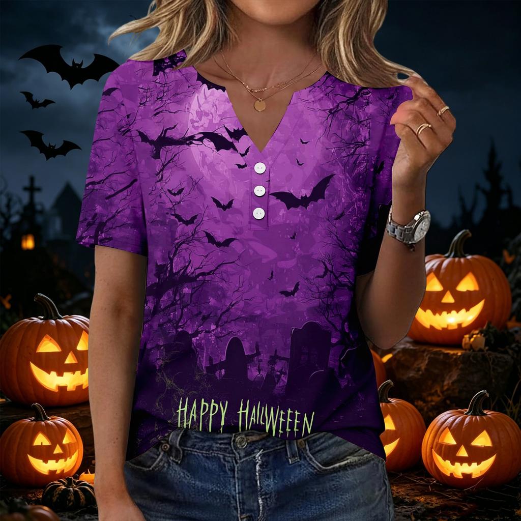 Women's Halloween Print Loose Fit V Neck Short Sleeve Top with Pocket Casual Shirt for Everyday Wear