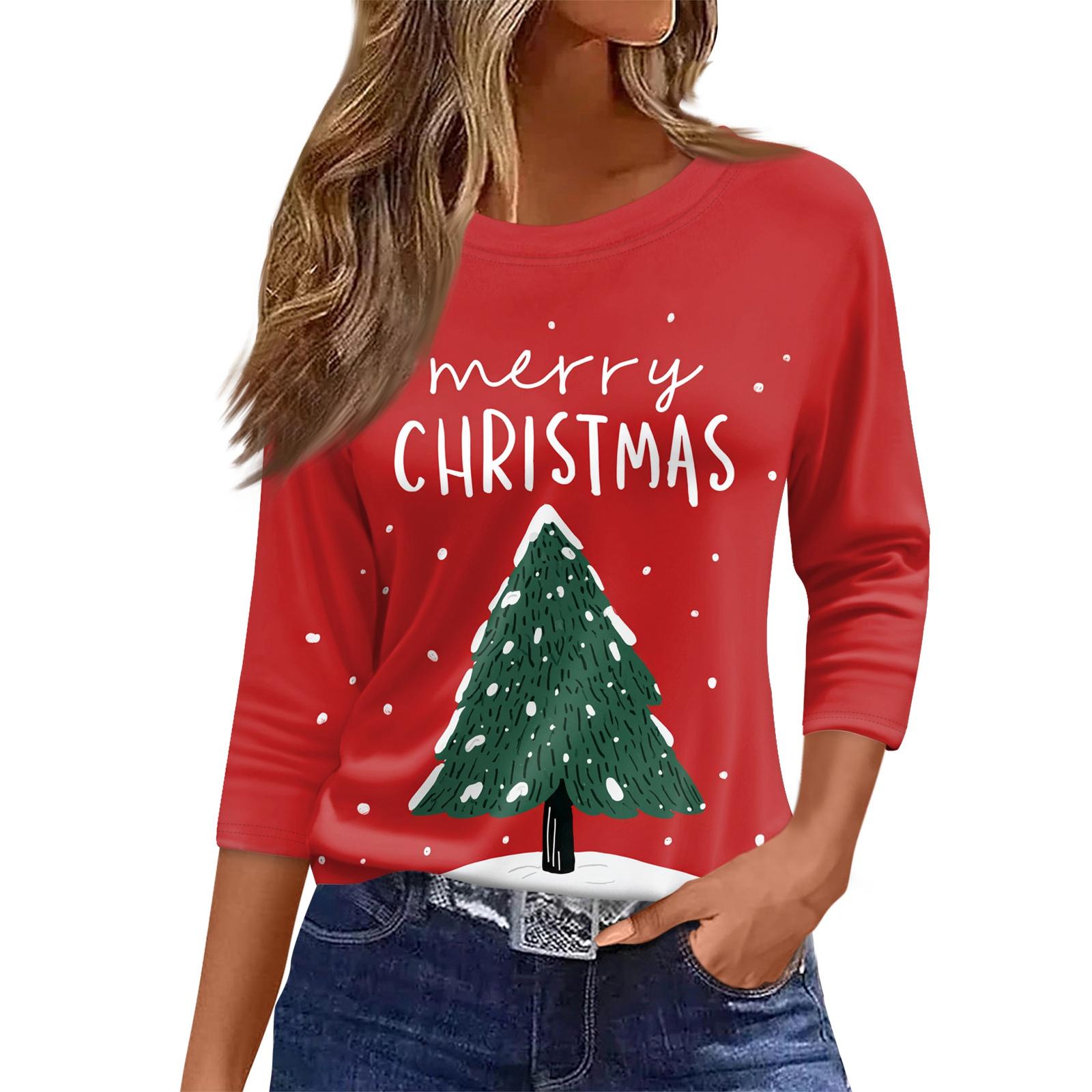 

Женский топ с круглым вырезом и рукавом 3/4 с рождественским принтом XL красный