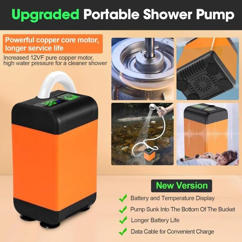Portable Electric Shower Pump Outdoor Camping4800/6000/7800mAh Rechargeable Digital Temperature Display For Hiking Travel