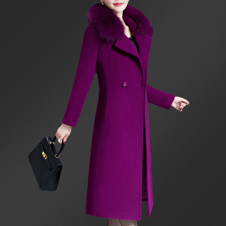 Podzimní a zimní vlněný kabát Dámský kožešinový límec střední délky, jednostranný kašmírový kabát