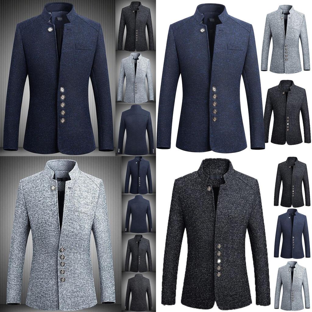 Stylish Mens Single Breasted Stand Collar Jacket Casual Business Tunic Suit Coat