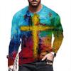 T-Shirt Men's Long Sleeve Fashion Cross Print Round Neck T-Shirt Casual Super Soft