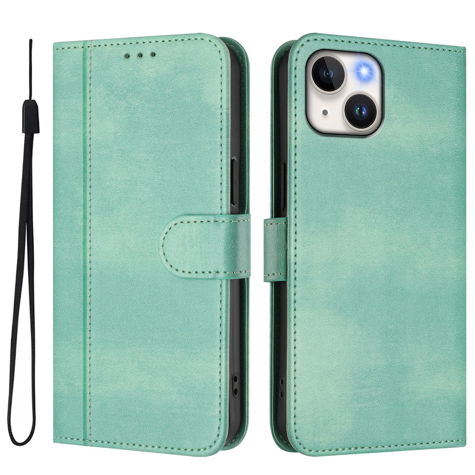 

For iPhone 15 Cases Wallet Stand Retro Texture Leather Phone Cover with Lanyard Mint Green