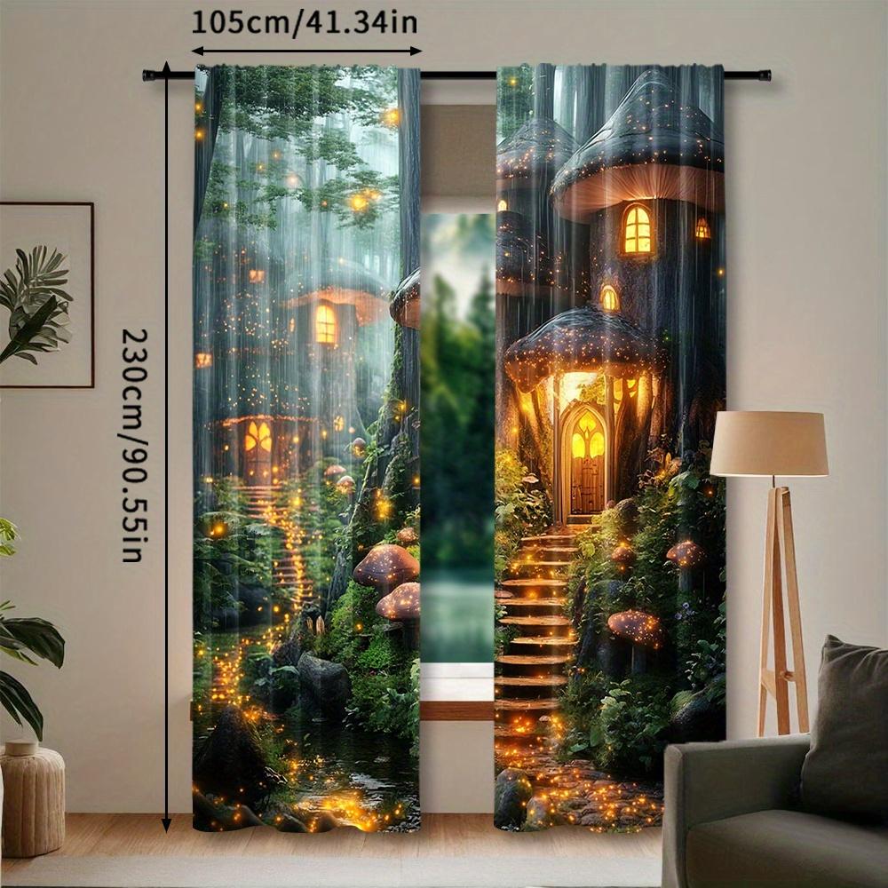 2pcs Enchanted Mushroom Wonderland Curtains - Whimsical Forest Scene with Glowing Mushrooms & Cottages   Rod Pocket Window Treatm