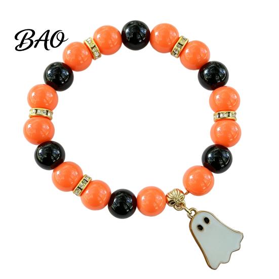 Handmade Beaded Elastic Wristbands Halloween Bracelet for Women, Orange Black Beads Stretch Stylish Holiday Accessory Girls with Ghost Charm,