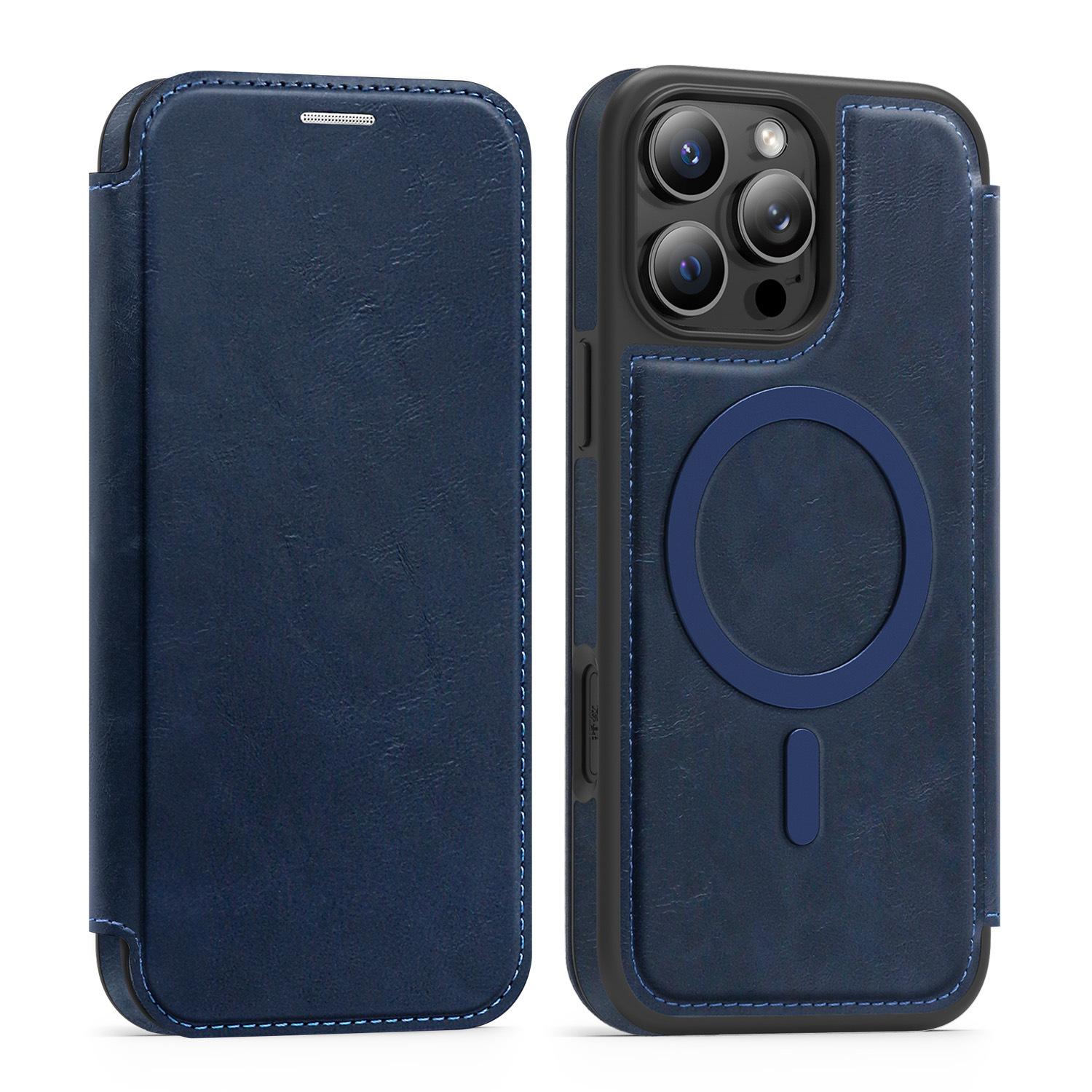 

For iPhone 16 Pro Max 17 Air 16E 15 Plus 14 13 12 11 Card Holder Flip Magnetic Wireless Charging Retro Phone Case Leather Cover iPhone 15 Pro Max темно-синього кольору