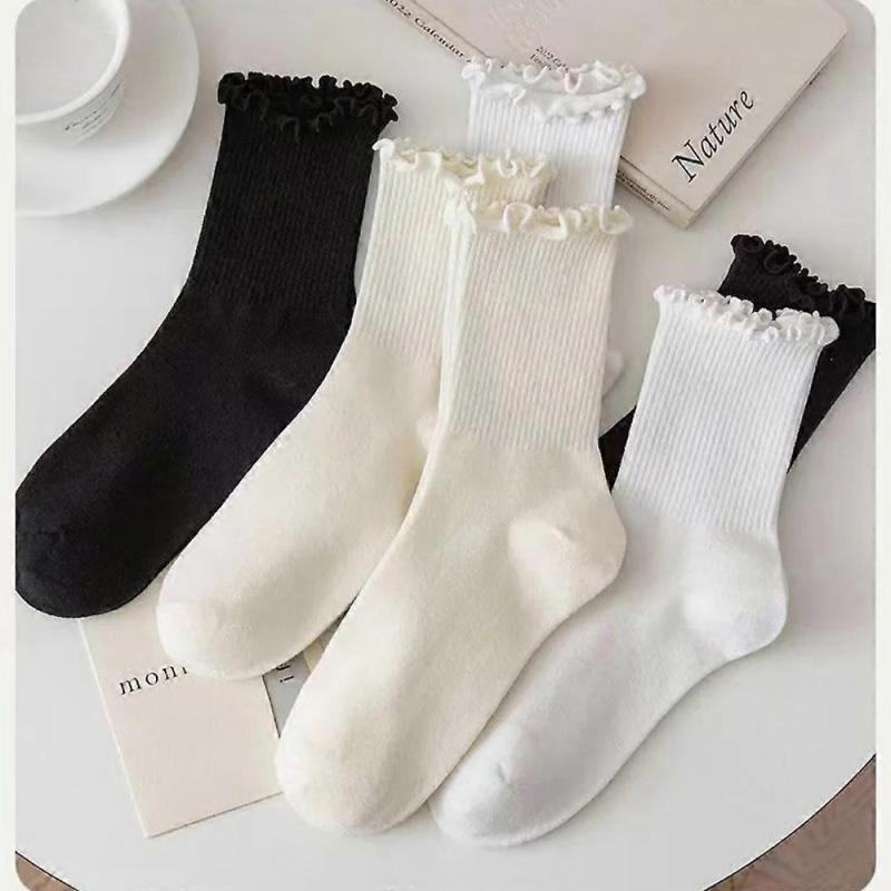 Women Breathable Ruffle Trim Ankle Socks 5 Pairs Lot Mid Calf Socks Uses for School Office Spring Fall Wear