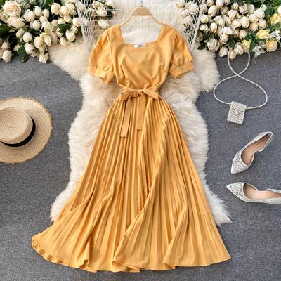 Women's Summer Solid Office Lady Dress Square Neck Short Sleeve Pleated Dresses Casual Sashes Long Dress