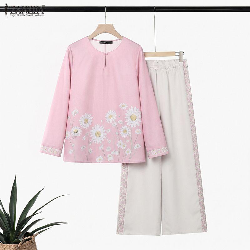 ZANZEA Women Long Sleeve Floral Blouse and Long Pants Casual Two Piece Suit Sets