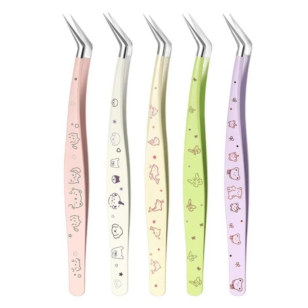 Stainless Steel False Eyelash Tweezers Anti-static With Leather Case Lashes Extension Tweezer High Precision Cartoon