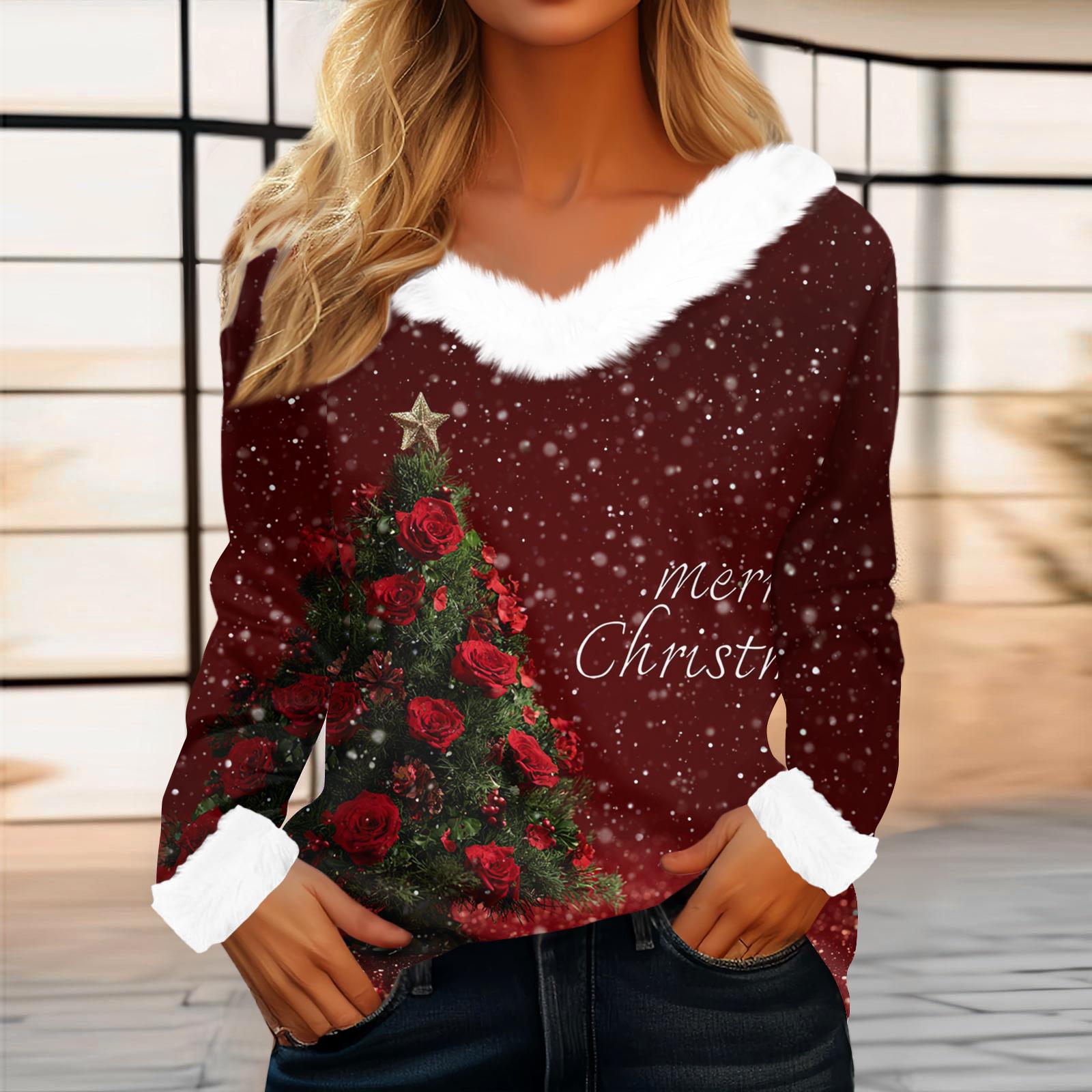 

Women s Casual Fashion Long Sleeve Christmas Printed Flannel Collar Top S