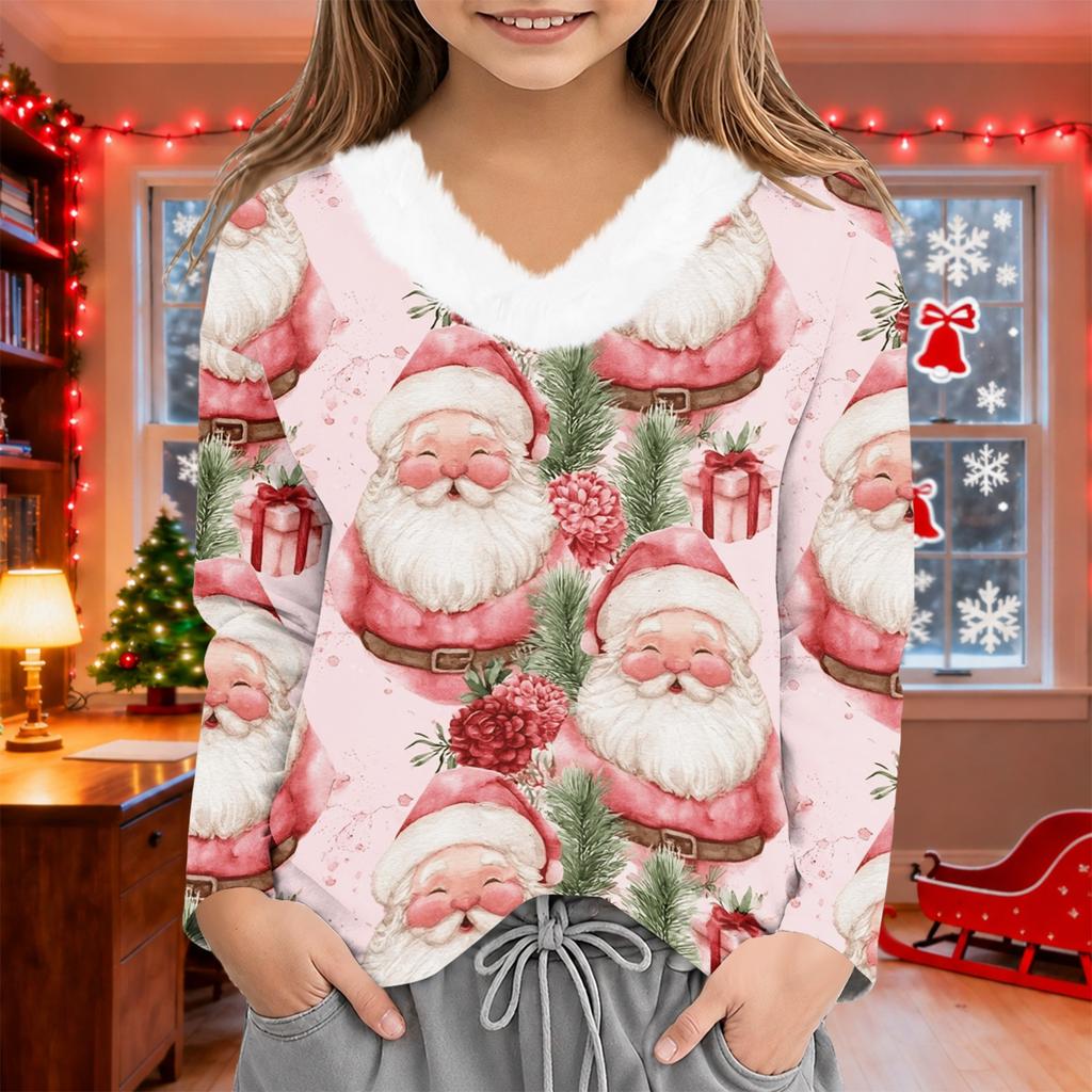 Girls V-Neck Christmas Print Top for Winter