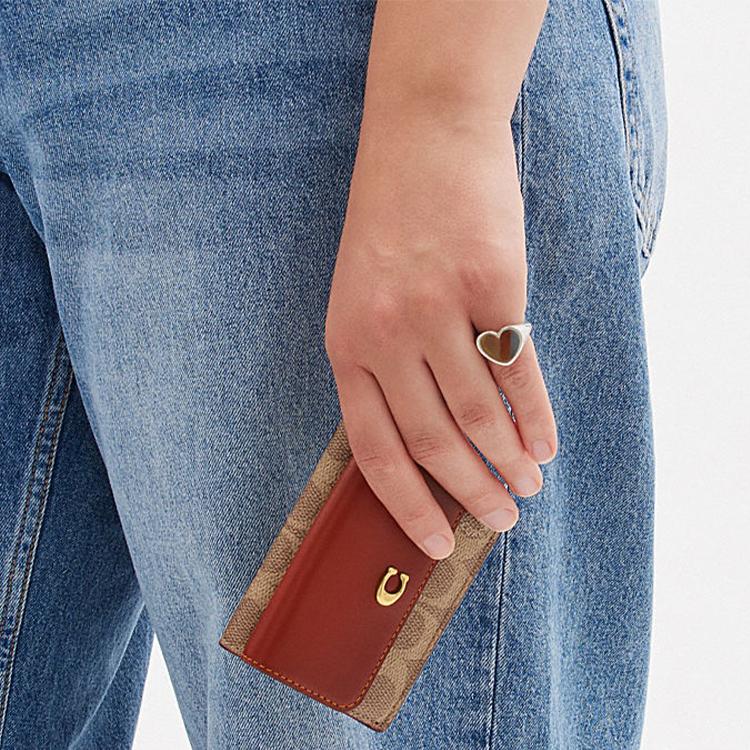 Coach Trifold Wallet 11 Logo Classic Monogram Flap Snap Coated Canvas And Calfskin Women Wallet Brown Khaki CM438-B4NQ4