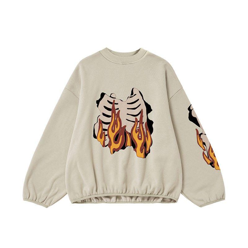 

American Street Flame Single-Layer Fleece-Lined Printed Crew Neck Sweatshirt Male 2024 Autumn and Winter Fashion Brand Loose Short High Street Tops Shallow khakis XL