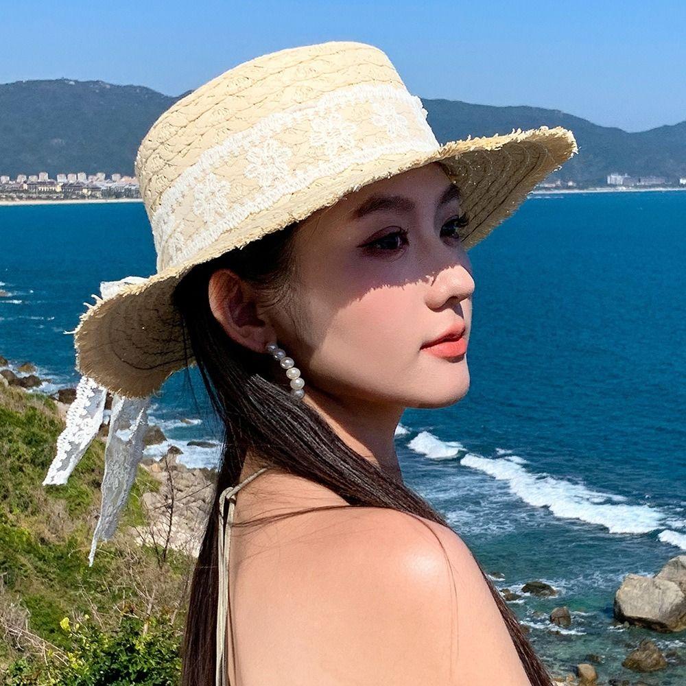 Lace Flower Straw Hat Solid Fringe Extended Brim Beach Straw Hat Breathable Material Elegant Style Sun Protection Hat