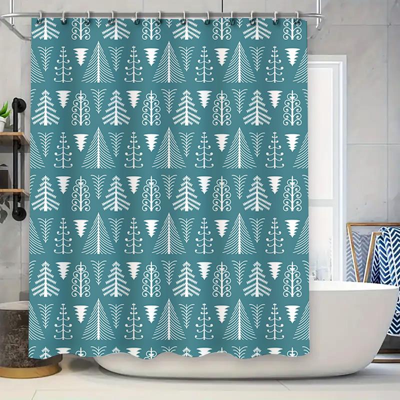 

Blue Christmas Tree Shower Curtain Set Waterproof Washable Modern Decorative Polyester Fabric 180X245Cm (71X96) W60H190(CM)-1 Pcs