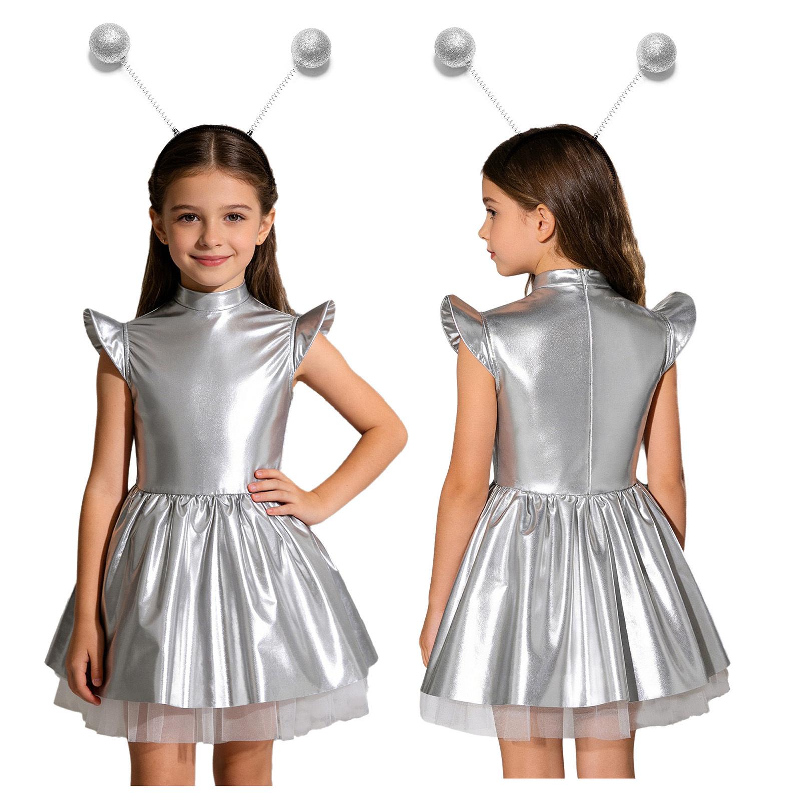 

Complete Alien Role Play Outfit for Girls 2Pieces: Glossy Tutu Dress with Hair Hoop, Flying Sleeve Design for Theme Parties 5-6 Years срібний