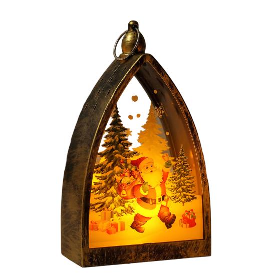 Vintage Christmas Ornament House Shape Santa Claus Deer Snowman Statue Night Light Glowing Decoration