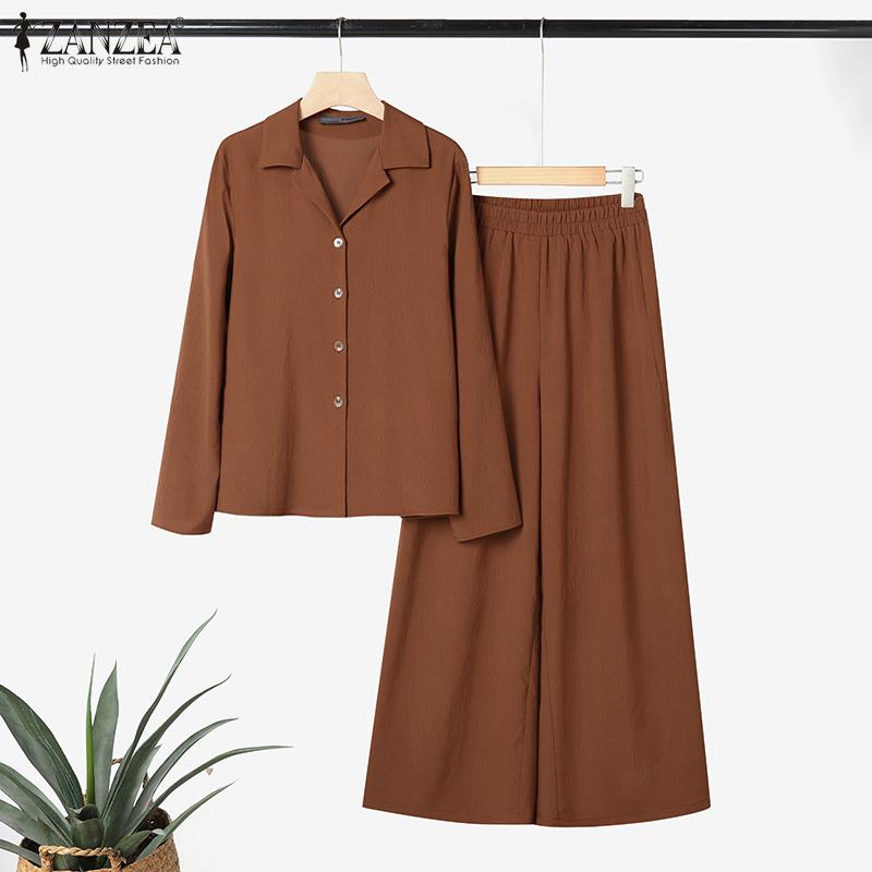ZANZEA Womens Long Sleeve Blouse and Wide Leg Pants Casual Two Piece Suit Sets