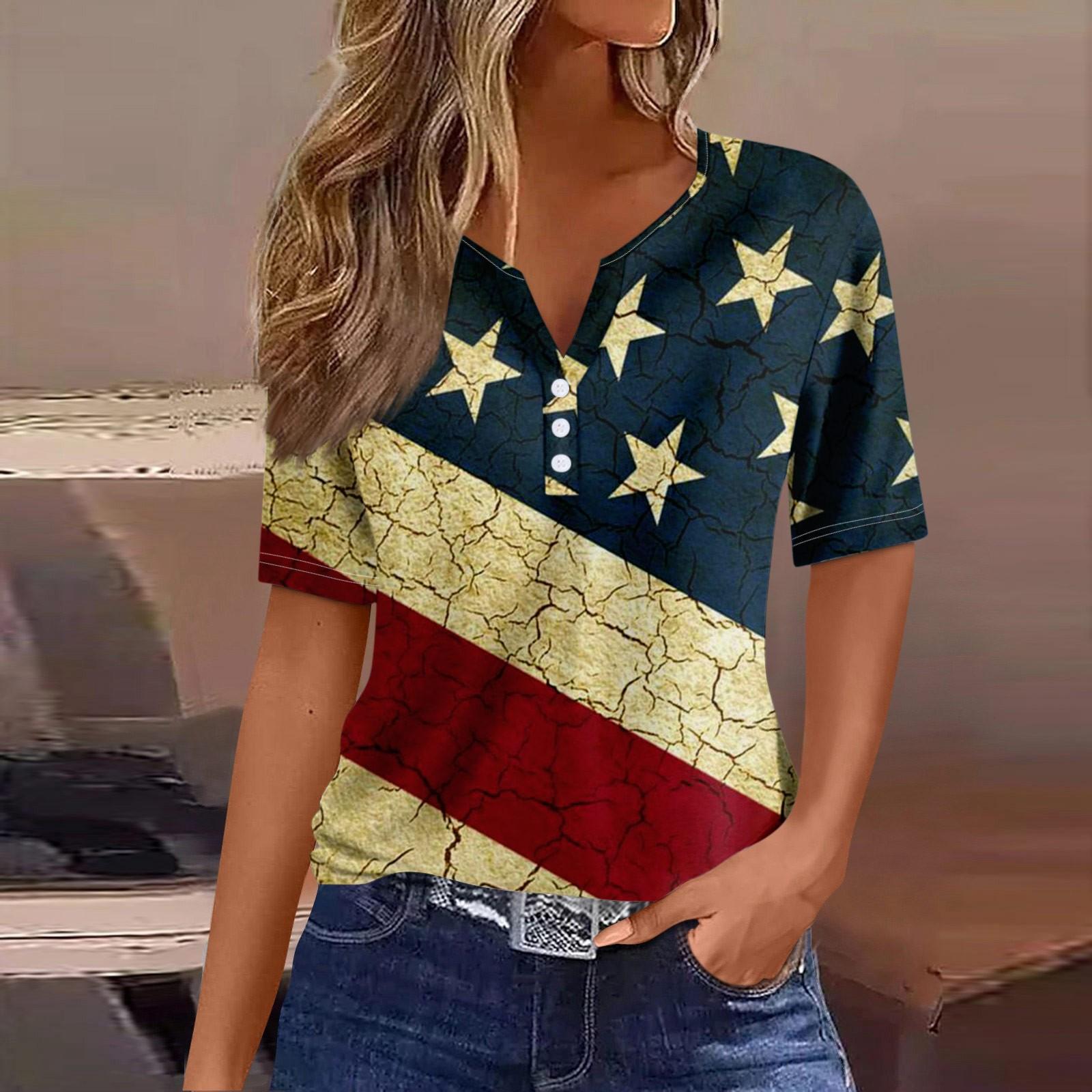

Жен. Футболка Футболка День независимости С принтом Пуговицы С короткими рукавами Повседневные Выходные Мода Классический Классический V-образный вырез Обычный Топ XL красный