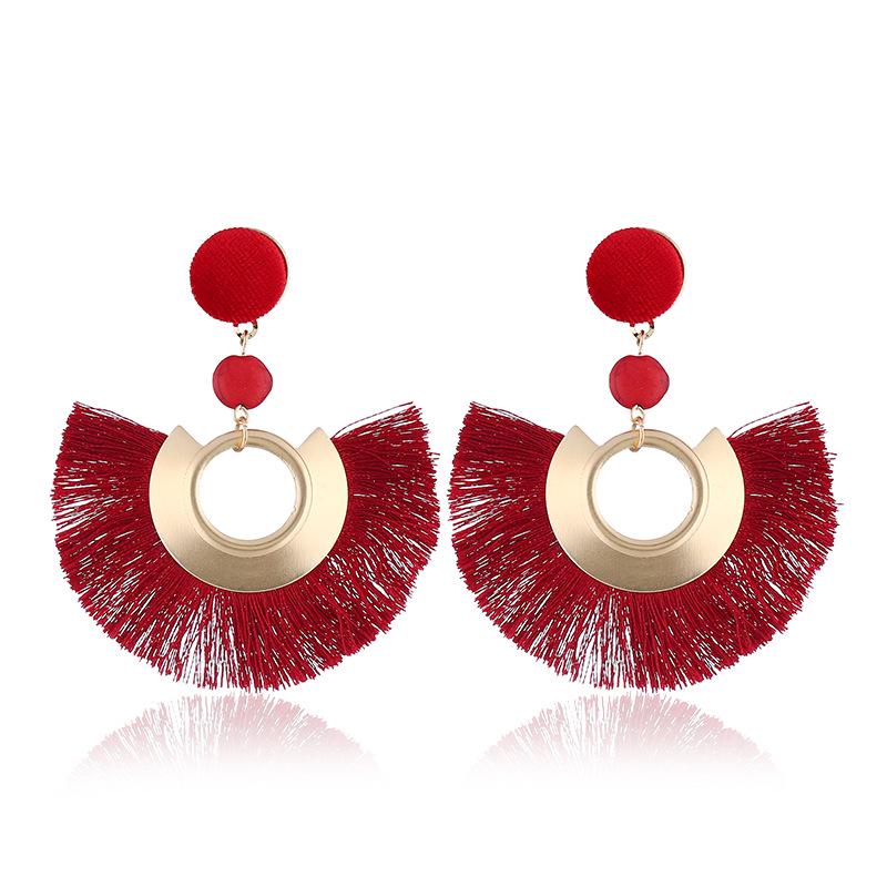 Alloy fan-shaped tassel earrings bohemian vintage knit earrings красный
