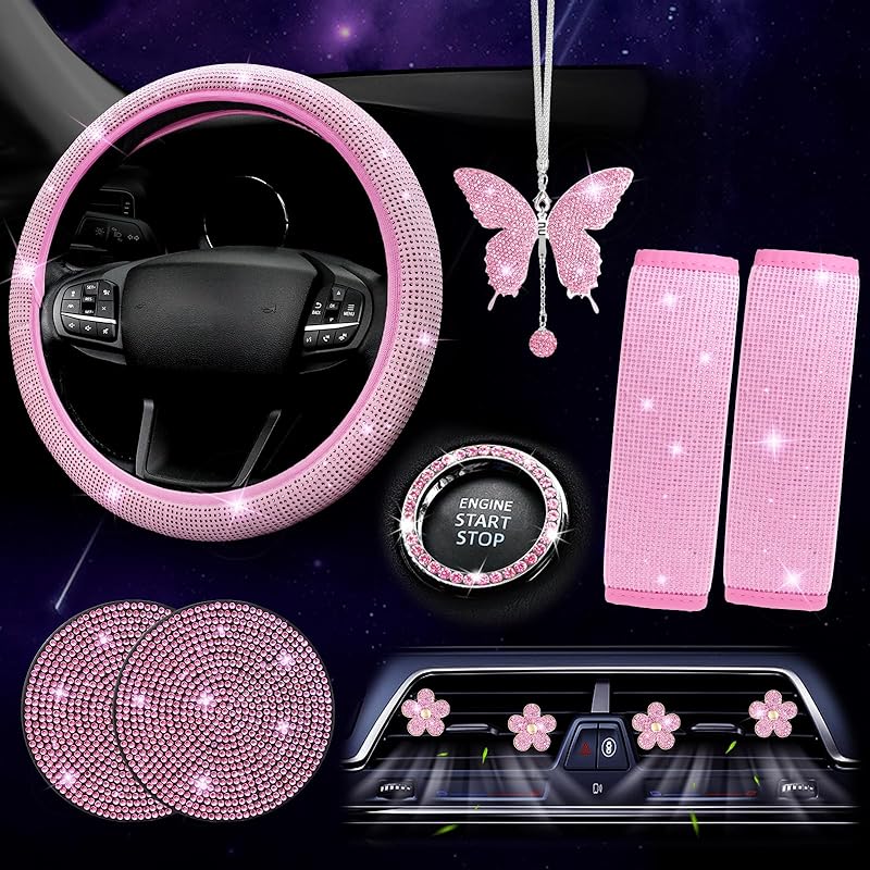ARTILAURA 11 PCS Bling Car Accessories Set For Women Steering Wheel Covers Butterfly Hanging Seat Belt Cover Air Vent Clips Coasters Cute Glitter