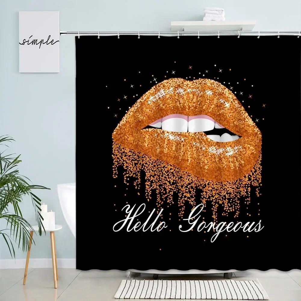 Gold Lips Shower Curtains Modern Fashion Woman Girl Hello Gorgeous Bath Curtain Sets Polyester Fabric Bathroom Decor With Hooks