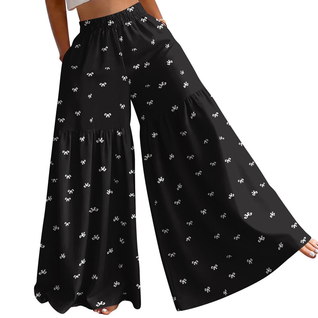 Damen High Waist Weite Beine Hose Lockerer Schnitt Leicht Fließend Bedruckte Lässige Hose Elastischer Bund Palazzo Hose