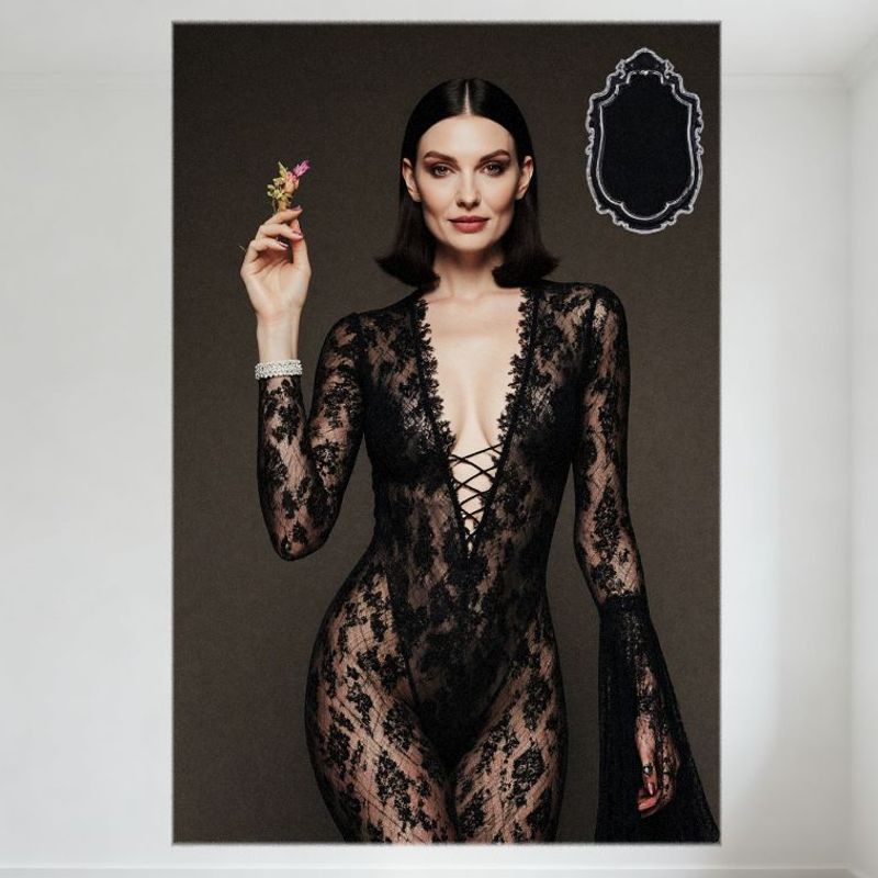 

Sexy Woman Dark Bob Hair Black Lace Bodysuit Floral Pattern Tin Sign Vintage Metal Poster for Bar Pub Home Cafe Wall Decor 20x30cm（7.8x11.8inch）